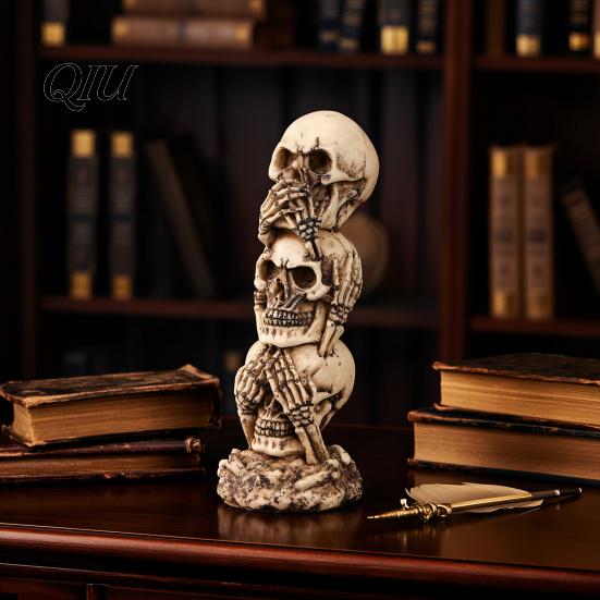 Alte Textur Schädel Sehen Hören Sprechen Kein Böses Figur, Gruselige Halloween Harz Dekoration Skelett Statue für Kaminsims, Tisch, Gothic Wohnkultur Vintage