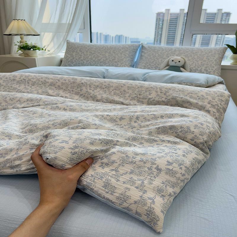 Tištěná čtyřdílná sada na postel, Měkká a zesílená, šetrná k pokožce, Praná povlečení na přikrývku, Sada prostěradel