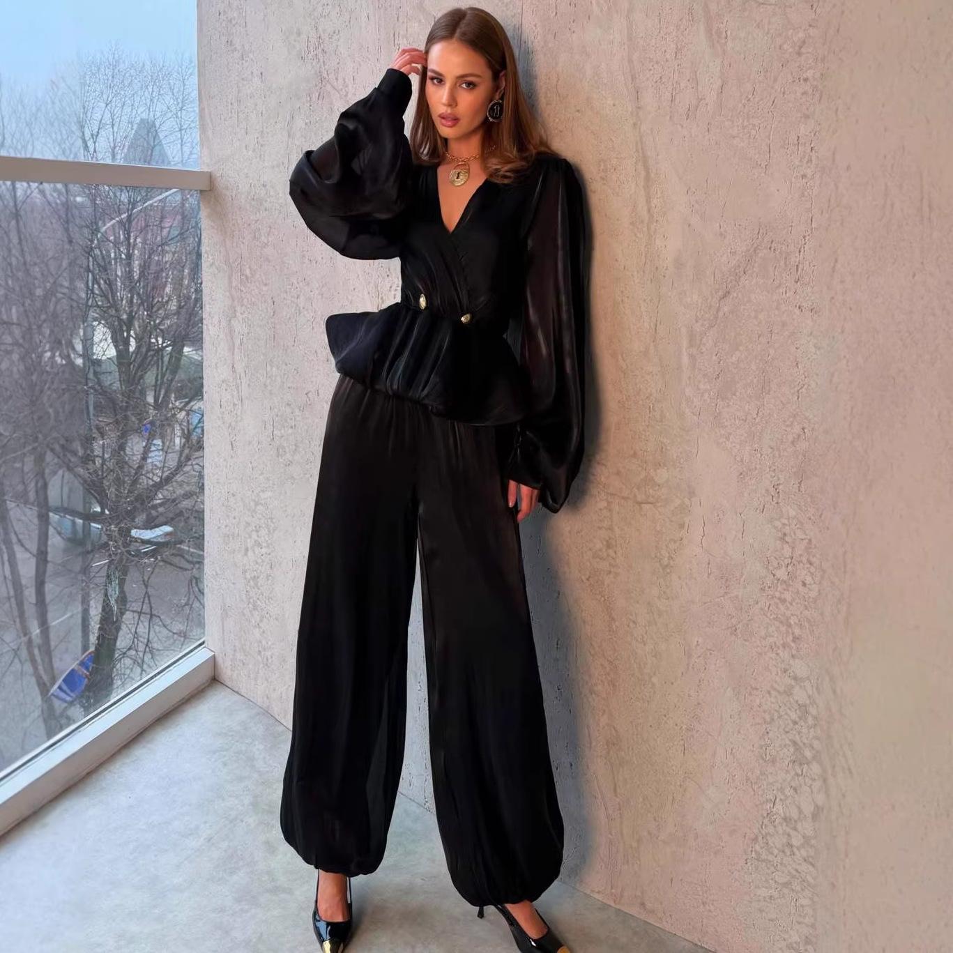 Cross-border foreign trade temperament high-end V-neck women s clothing black shirt foreign trade wide-leg pants European and American suits S