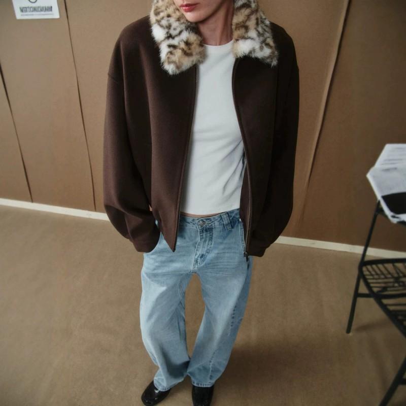 Vintage Leopard Print Wool Blend Jacket Women Loose Fit Drop Shoulder Short Bomber Coat