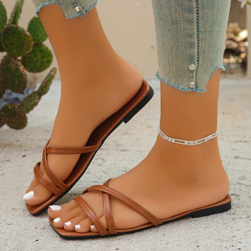 Flat  Women Sandals Summer New Ladies Square Toe Solid Color Cross Strap Fashionable Casual Women's Beach Sandals