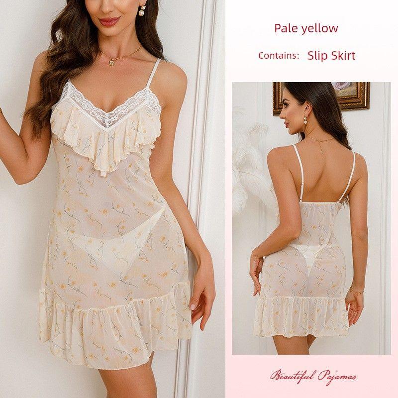 

2025 New Sexy Pure Desire Mesh Nightdress/Lace Edge Perspective Suspender Skirt Temptation Skirt/Couple Dating Dress Huang Print L