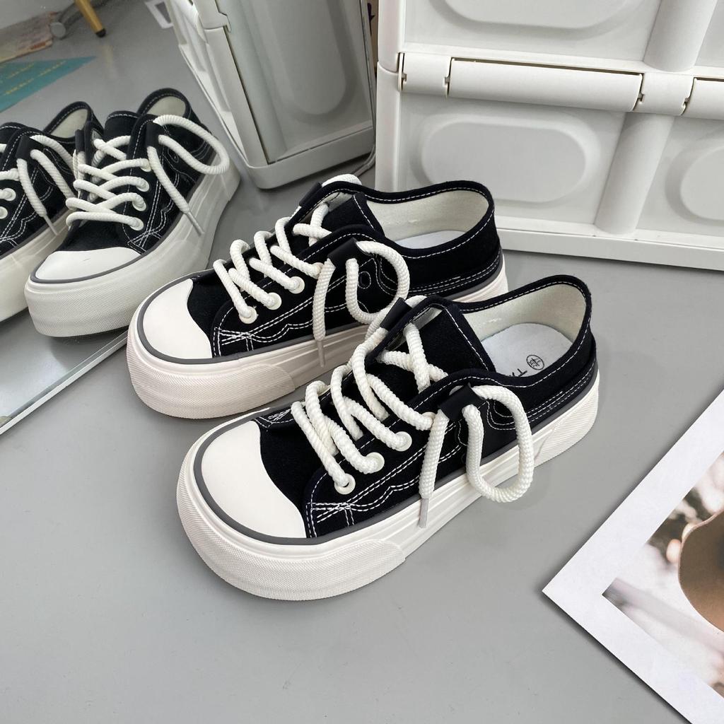 Black Two Wear Thick-soled Heightening Espadrilles Women's 2025 New Lazy Half-drag White Shoes Big Head Muffin Board Shoes Spring
