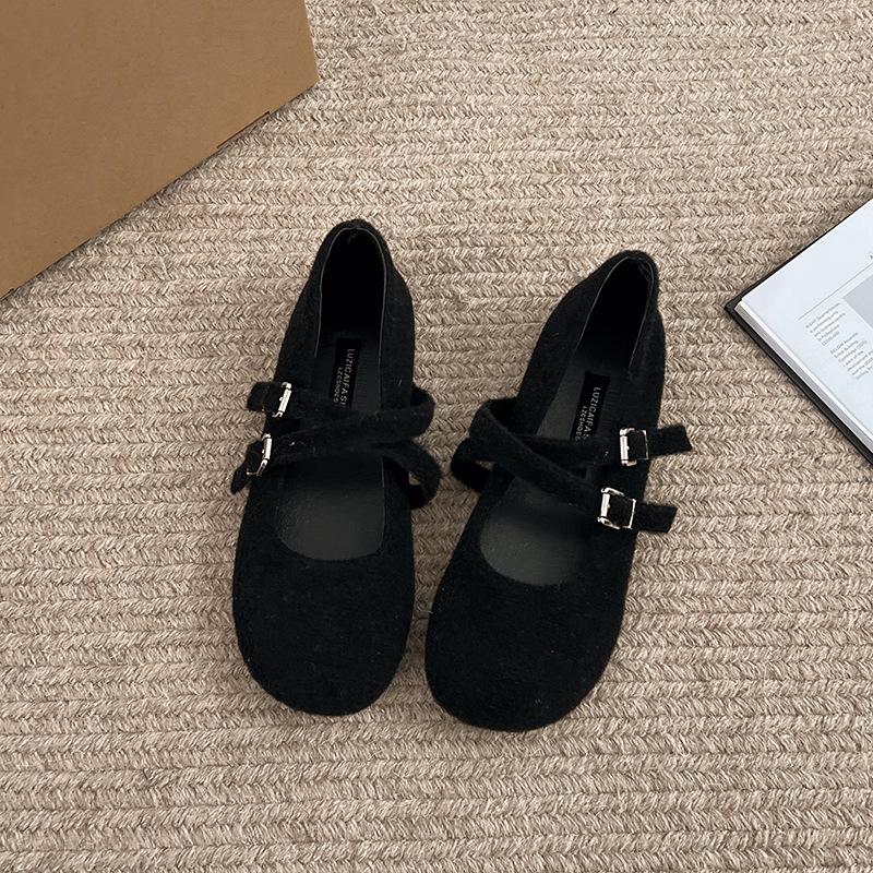 

Flat-bottomed gray Mary Jane shoes women s shoes 2025 new autumn and winter velvet single shoes with French temperament single shoes 40 чорний
