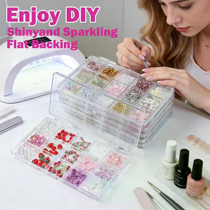 12/15 Grids/Box 3D Nail Art Decoration Kit With Resin Bowknot Pearls Heart & Assorted Shapes Kawaii Nail Charms DIY Manicure Art