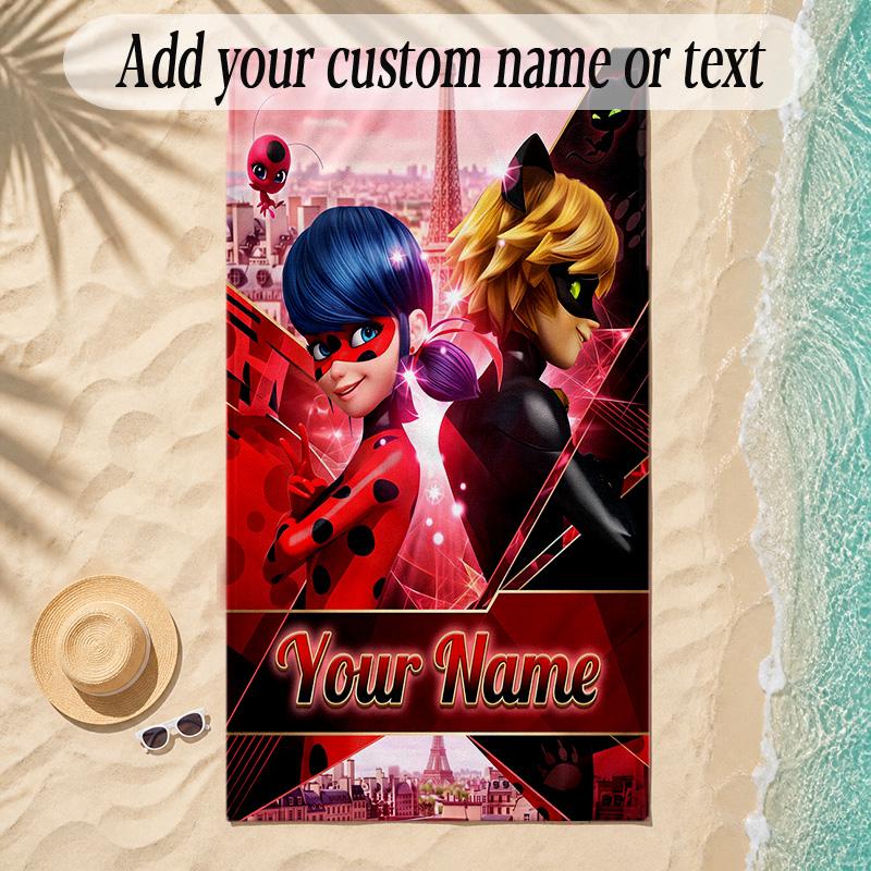 Beach TowelMiraculous Ladybug Custom Name Text Personalized Soft Towel for Beach Pool Indoor Home Decor Gift