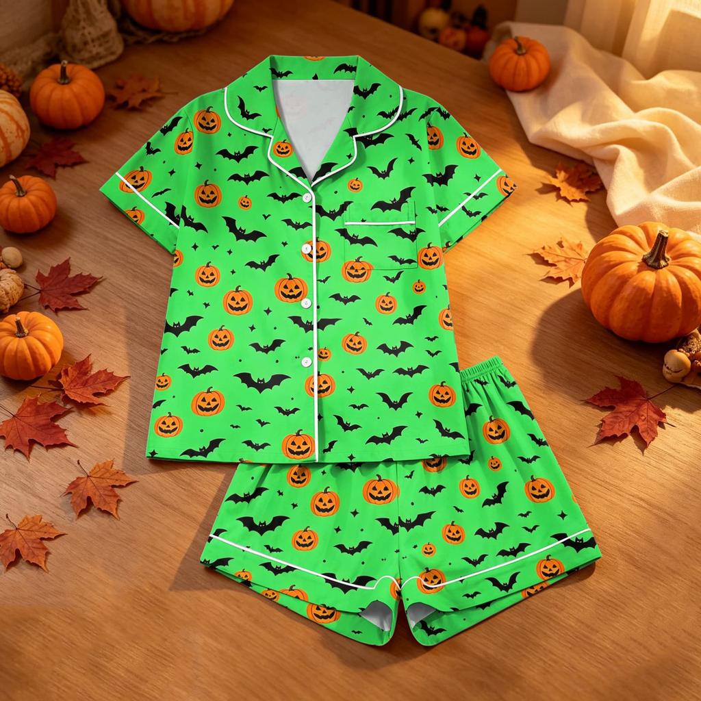 Conjunto de Pijama de Halloween con Estampado para Mujer, 2 Piezas, Casual, Cómodo, Ropa de Dormir