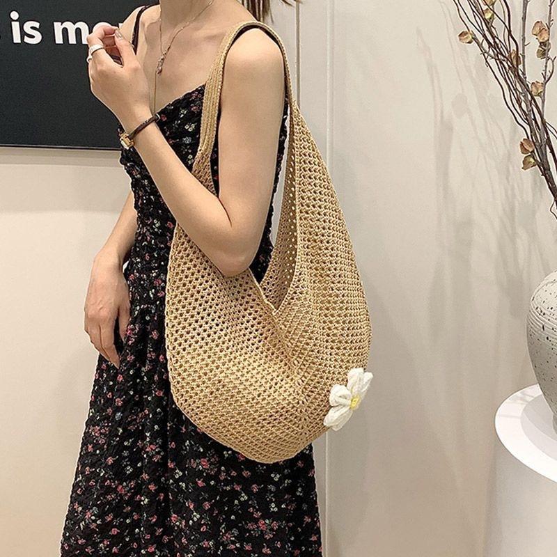 Lazy wind woven tote bag women's spring summer hollow simple knitted bag large capacity seaside vacation shoulder bag