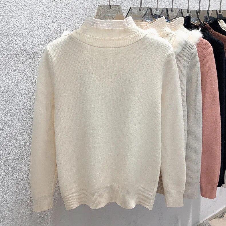 Thick Lace Sweater for Women's Autumn Winter New Half High Collar Bottoming Shirt Integrated Velvet Long Sleeve Knitted Top