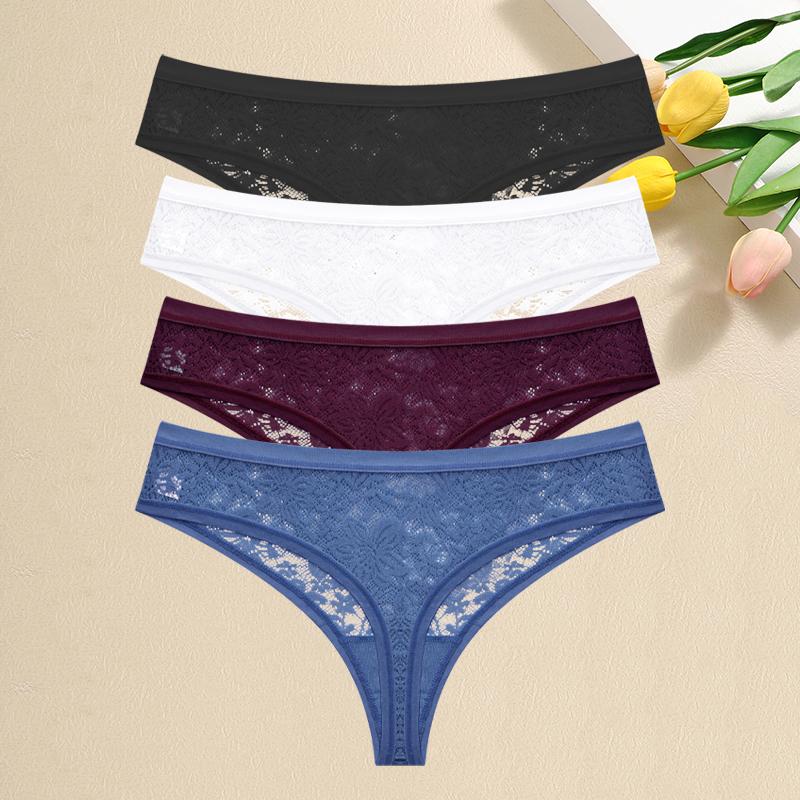 4Pcs Lace Hollow Out Thongs Underwear Women Floral Print Panties Sexy Low-Waist G-String Girls Soft Perspective Lingerie