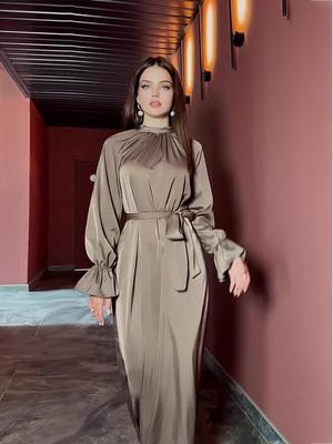 2023 Autumn Solid Color Satin Long-Sleeve Loose Dress with Belt for Women