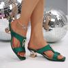 Fashion Women's Temperament Slippers Summer 2025 Round Head Open-toe Crystal Metal Buckle Anti-slip Wear-resistant Kitten Heels