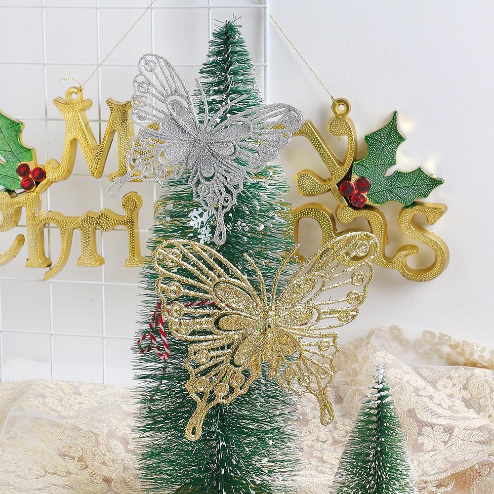 5/10PCS Christmas Butterflies Xmas Tree Ornaments Single Layer Gold Powder Glitter Artificial Flower DIY Crafts Christmas Decor