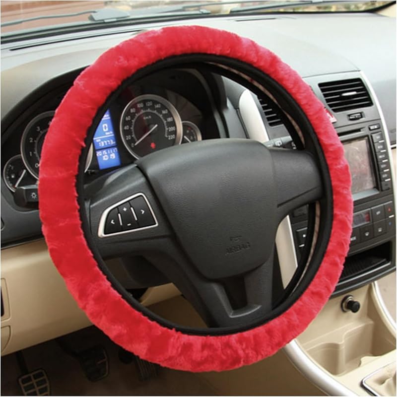 Ziciner Elastic Fuzzy Steering Wheel Cover, 15   Soft Steering Wheel Protector For Warm Winter, Anti-Slip Fluffy Car Wheel Covers, Universal Car красный