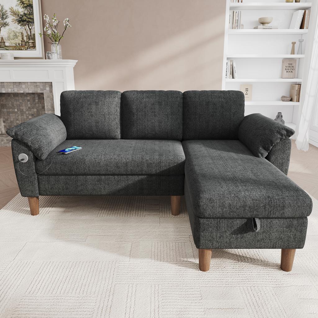 L-Shaped Corner Sofa, 3-Seater with Storage Chaise Longue, Left/Right Assembly, USB/Type-C Port, Pocket, Armrest Cushions, Chenille Fabric,Grey