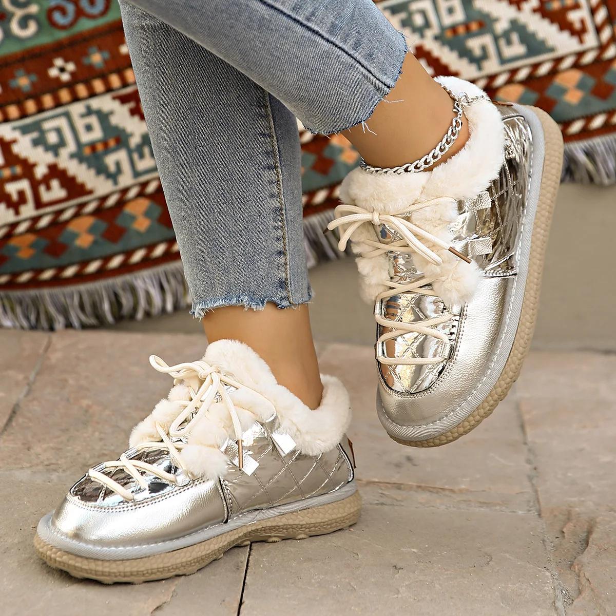 

Элегантные женские туфли серебристого цвета на низком каблуке, черные женские зимние ботинки со шнуровкой и круглым носком, зимняя обувь на шнуровке с меховой подкладкой 39 35