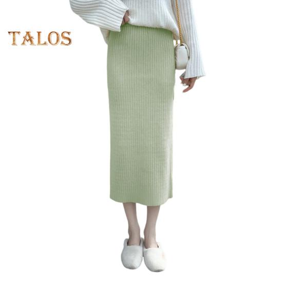 Women Knitting Skirt High Waist Back Slit Design Solid Color Midi Skirt Soft Breathable Thickened Warm Hip Wrapped Skirt