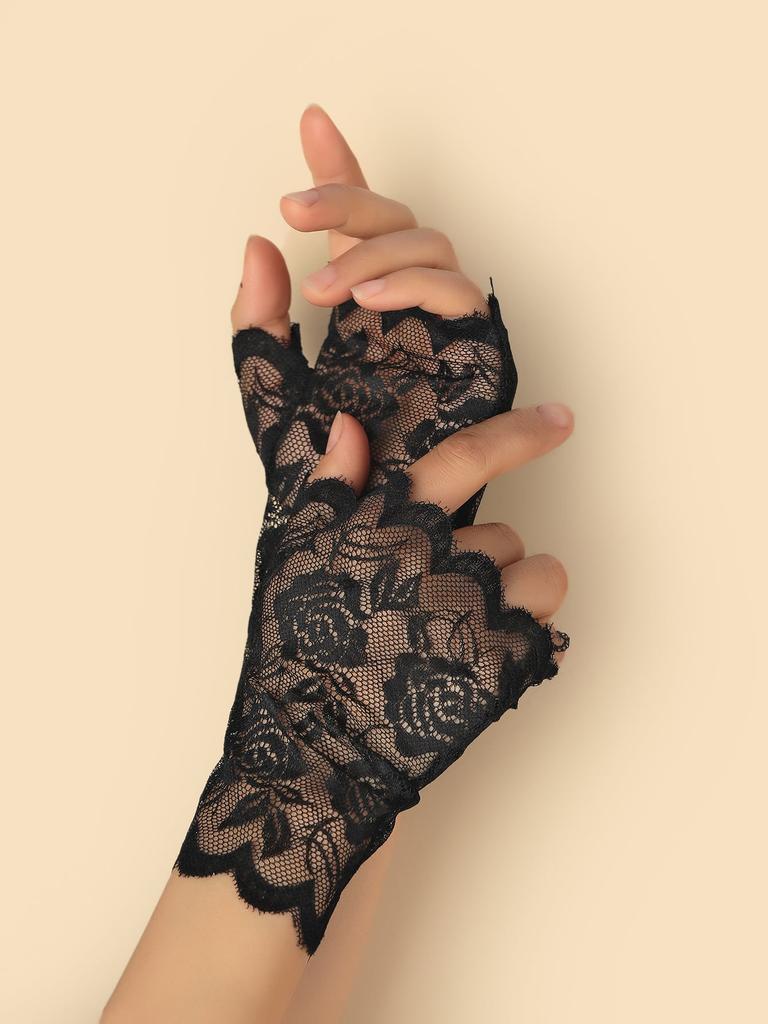 1pair Black Lace Rose Decoration Sheer Breathable Party Gloves