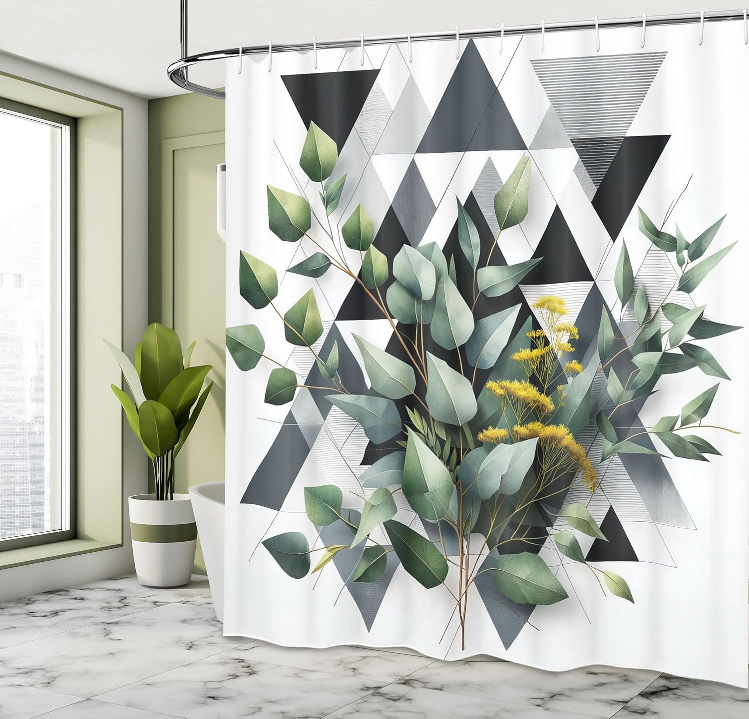 

Eucalyptus Leaves Shower Curtain, Meadow Bouquet Boho Leaf Print On Modern Triangular Shapes, Cloth Fabric Bathroom De W60H190(CM)-1 Pcs