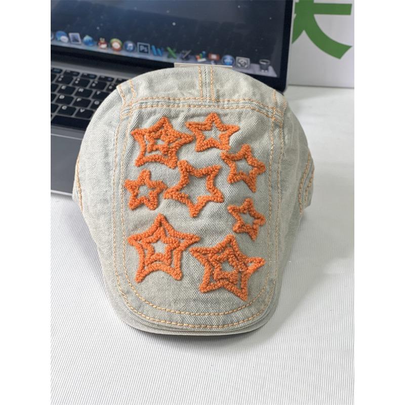 Vintage star washed denim forward hat female versatile reverse beret big head circumference hat spring and autumn