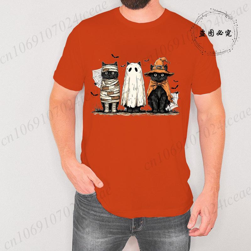 Mens TShirts Black Cat Pumpkin Print TShirt Funny Retro Halloween Graphic Tees for Men Women Clothes Tops Short Sleeve Shirts