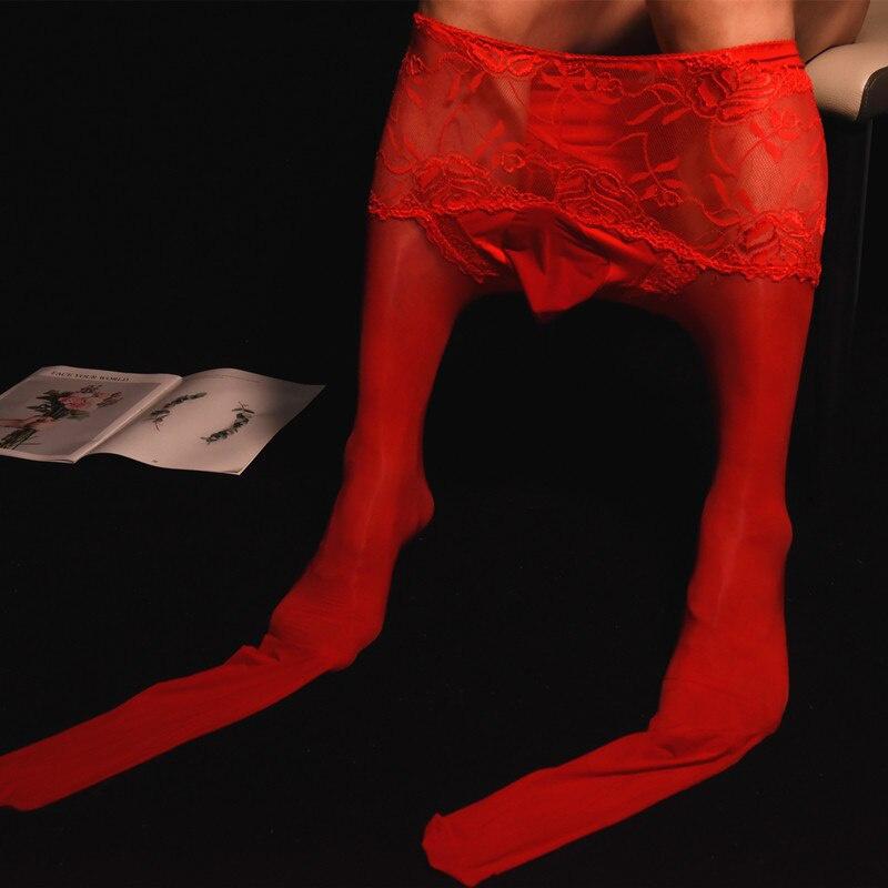 Men's 2 In 1 Lace Lingerie Stockings Plus Size U Convex Bag Stockings Shiny Tight Stockings