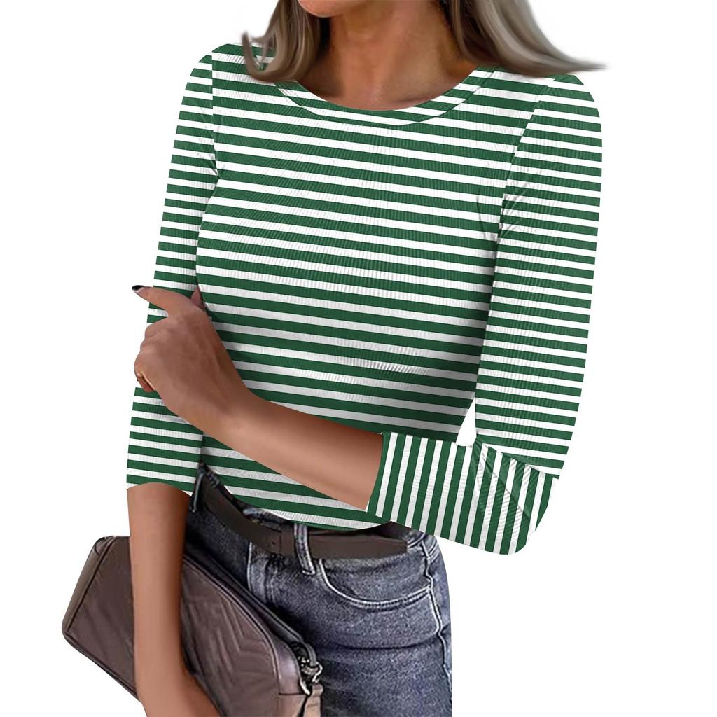 Women's Slim Bottom T-shirt Fashion Casual Stripe Printed Round Neck Pullover Seven Sleeve Top