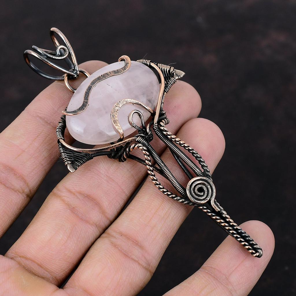 Rose Quartz Pendant Copper Wire Wrapped Pendant Handmade Gemstone Pendant Rose Quartz Jewelry For Gift Dainty Pendant Antique Copper Jewelry