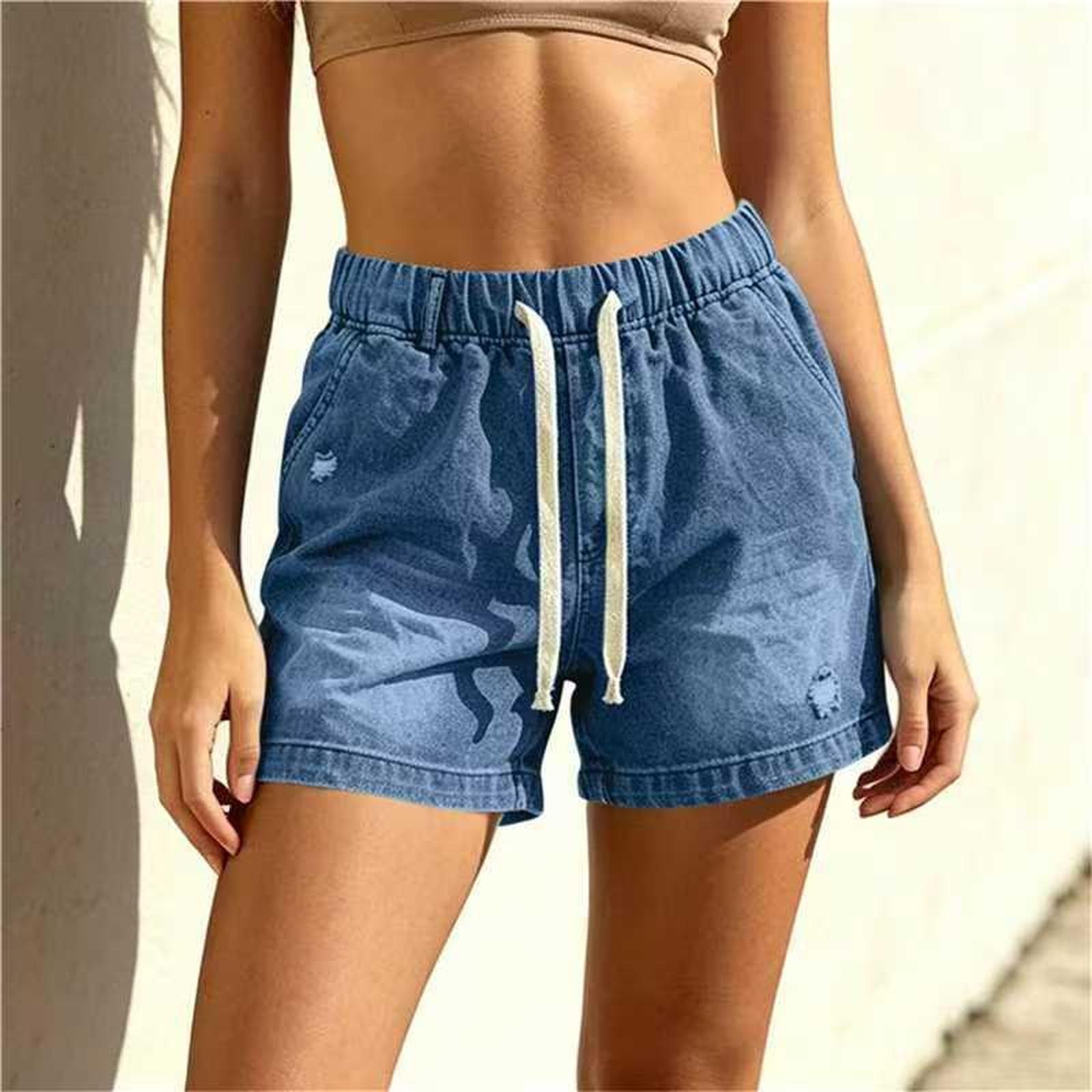 Women Fashion Distressed Drawstring Denim Shorts Casual Three Quarter Length Jeans with Adjustable Waistband and Ripped Design XXL