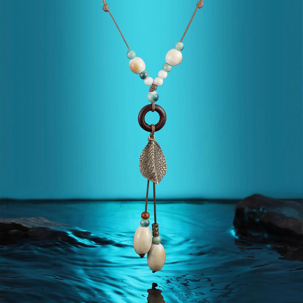 Ethnic Style Ceramic Leaf Tassel Necklace for Women - Autumn/Winter Accessories