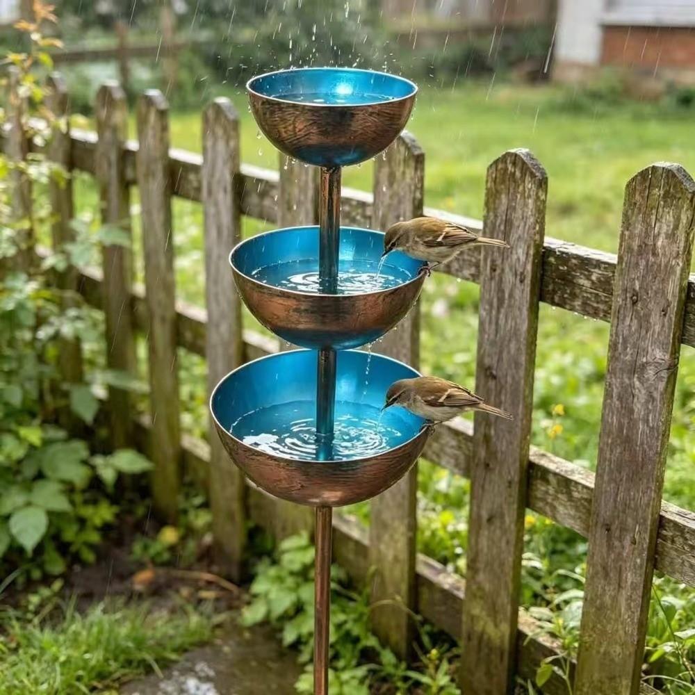 Vintage Iron Garden Rain Catcher Three-layer Bowl Bird Feeding Station Bird Water Bowls Courtyard