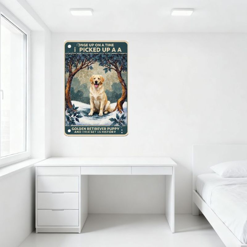 Vintage Metal Sign Once Upon A Time Golden Retriever Puppy In Snowy Winter Forest Scene Home Wall Decor with Hanging Holes, Play