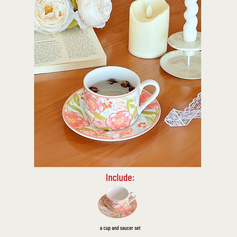 French Vintage Hand-painted Ceramic Camellia Coffee Cup & Saucer Set