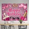 A birthday greeting banner with a shining pink glitter, accompanied by items related to makeup and hairstyling themes