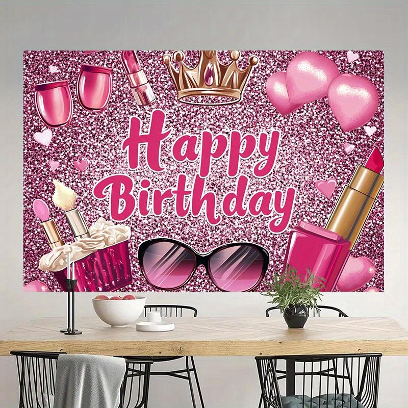 A birthday greeting banner with a shining pink glitter, accompanied by items related to makeup and hairstyling themes