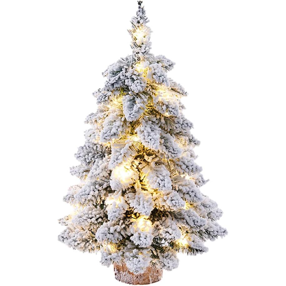 1 Pcs Prelit Tabletop Christmas Tree Snow Flocked Christmas Tree with Led Lights Wood Base Mini Xmas Pine Tree for Table Desk Home Christmas Decor