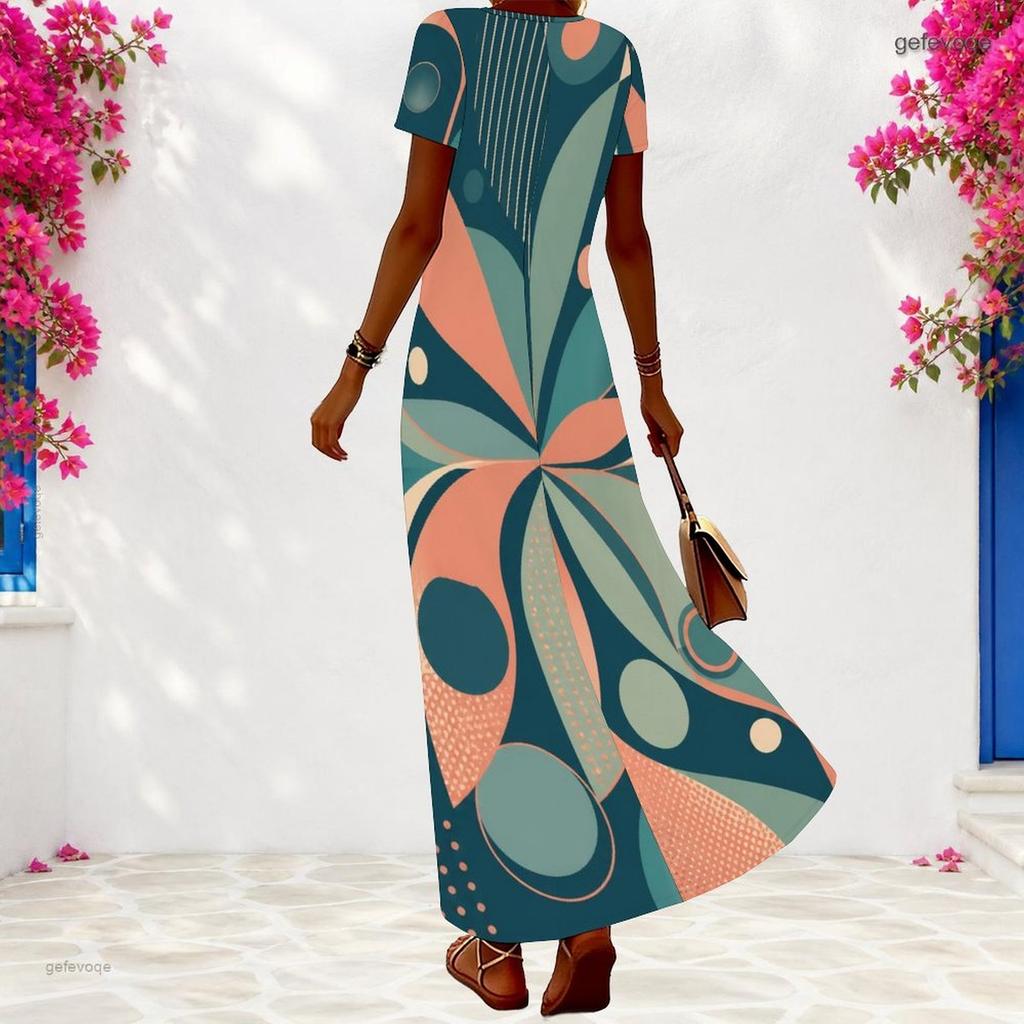 Women Plus Size V Neck Short Sleeve Geometric Printed Maxi Dress