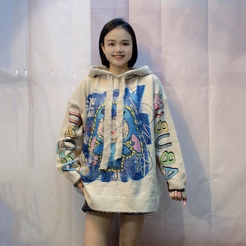 European Plus Size Mink Cashmere Cartoon Hoodie Sweater - Women’s Soft, Thick, Loose Fit with Hot Drilling Design.
