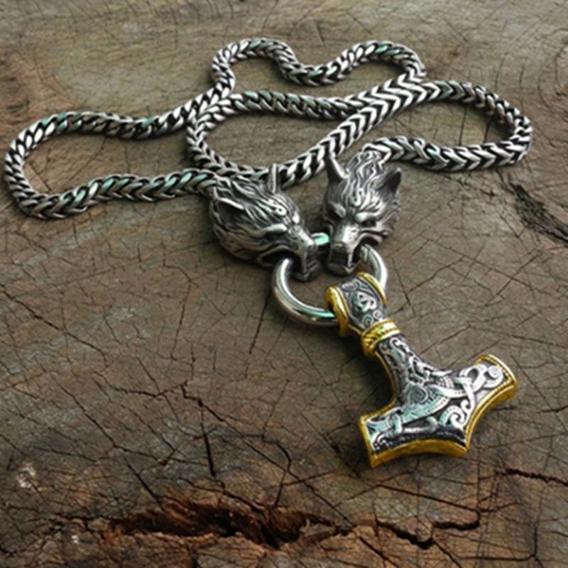 New high quality stainless steel wolf head necklace and Viking hammer pendant male Nordic men s amulet best jewelry золотистый