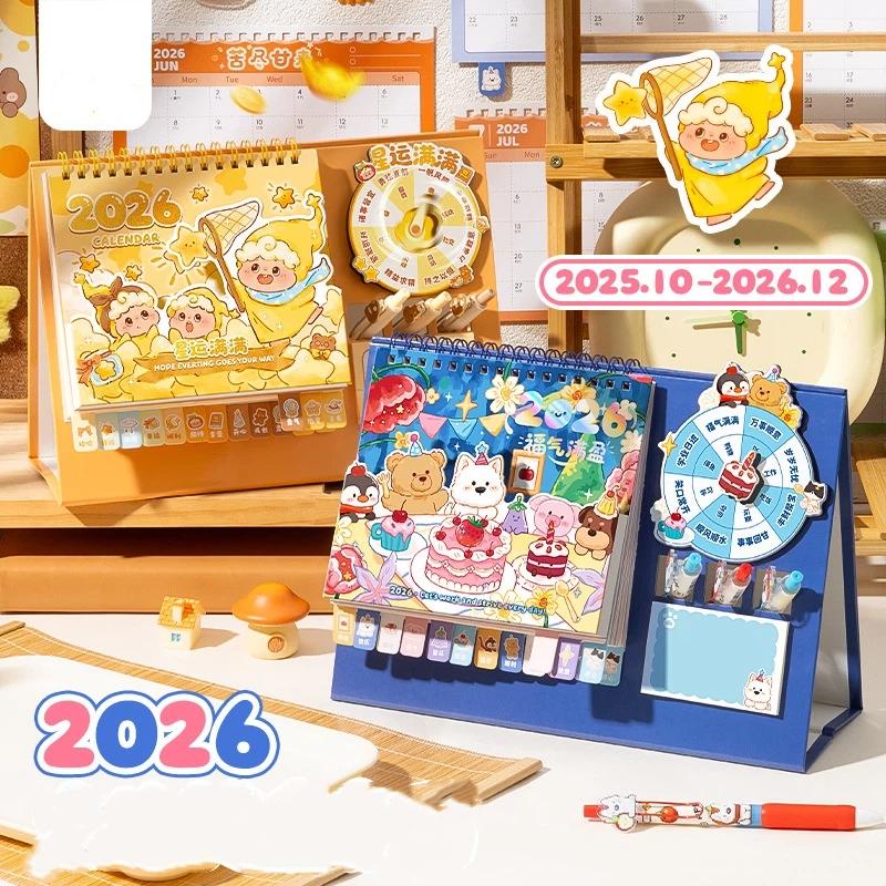 Chinese Style 2026 Rotating Desk Calendar Coil Binding Panda Horse Year Calendar Cartoon Month Date Display Monthly Planner