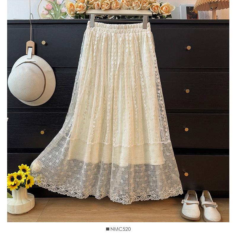 

2026 Summer High Waist French Embroidery A-line Midi Skirt One Size [Thin Lining] Spring Edition абрикосовый