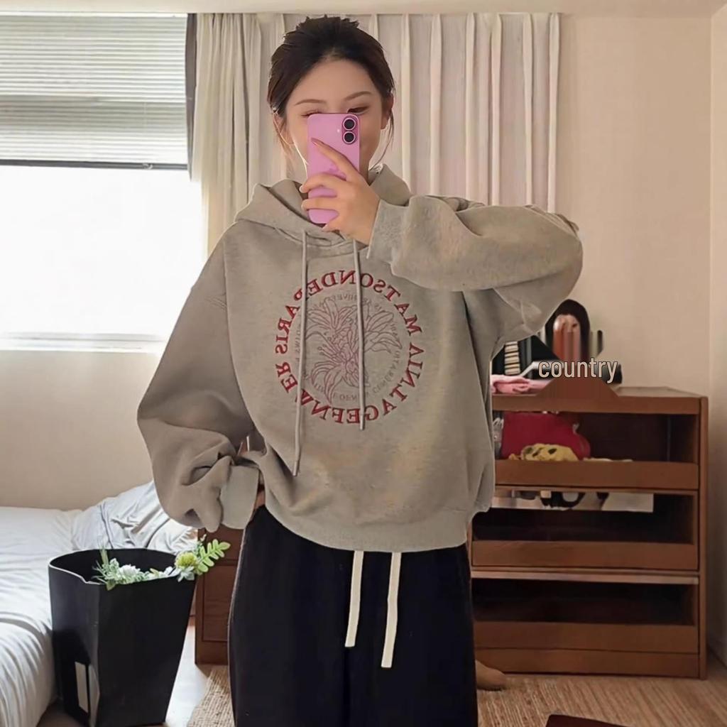 Official Chinese Cotton & Arctic Fleece 420g Embroidered Hoodie for Women - Autumn/Winter Warm Velvet Versatile Top