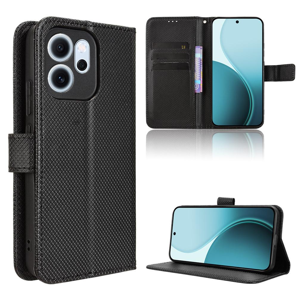 

For Oppo Reno14 F 5G Leather Wallet Case with Strap Diamond Texture Phone Cover Black