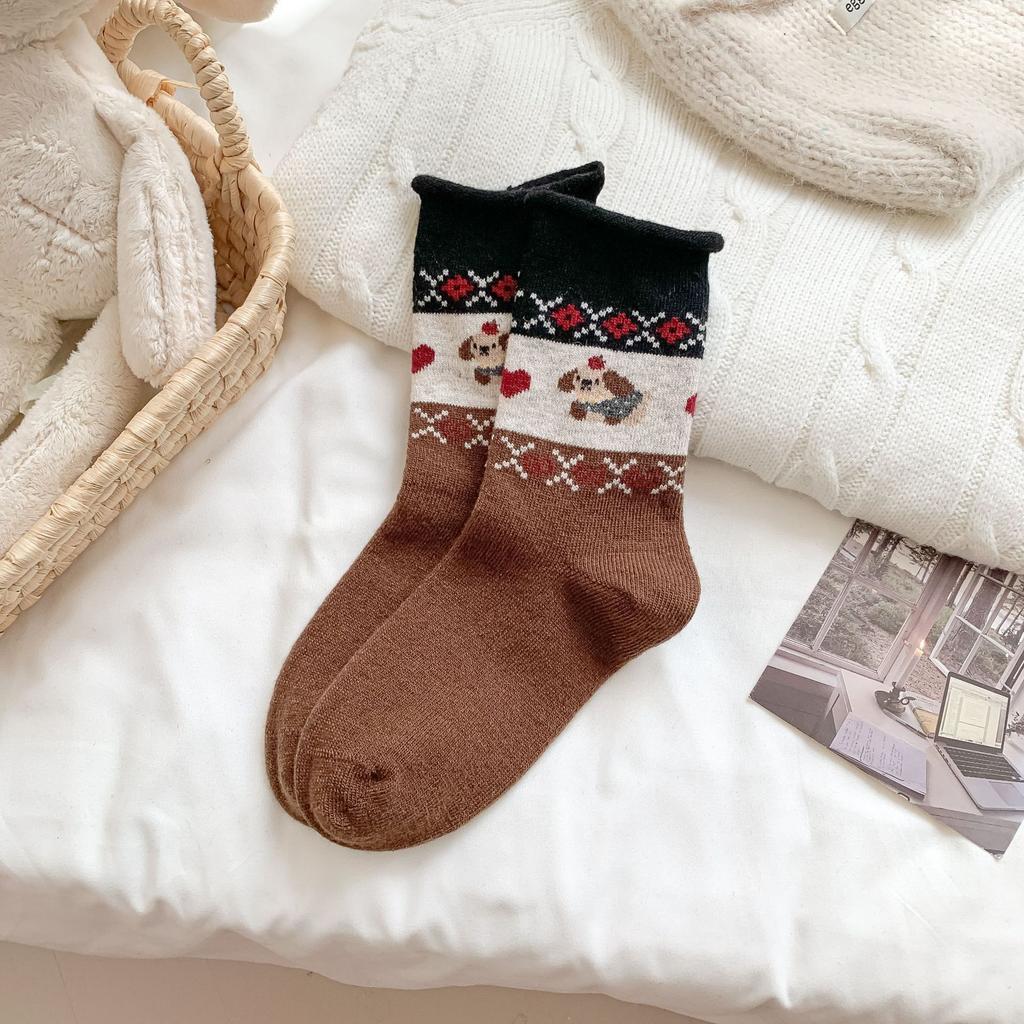 Female Autumn and Winter Thickened Warm Retro Cartoon Boneless Flocking Puppy Wool Drum Pile Socks