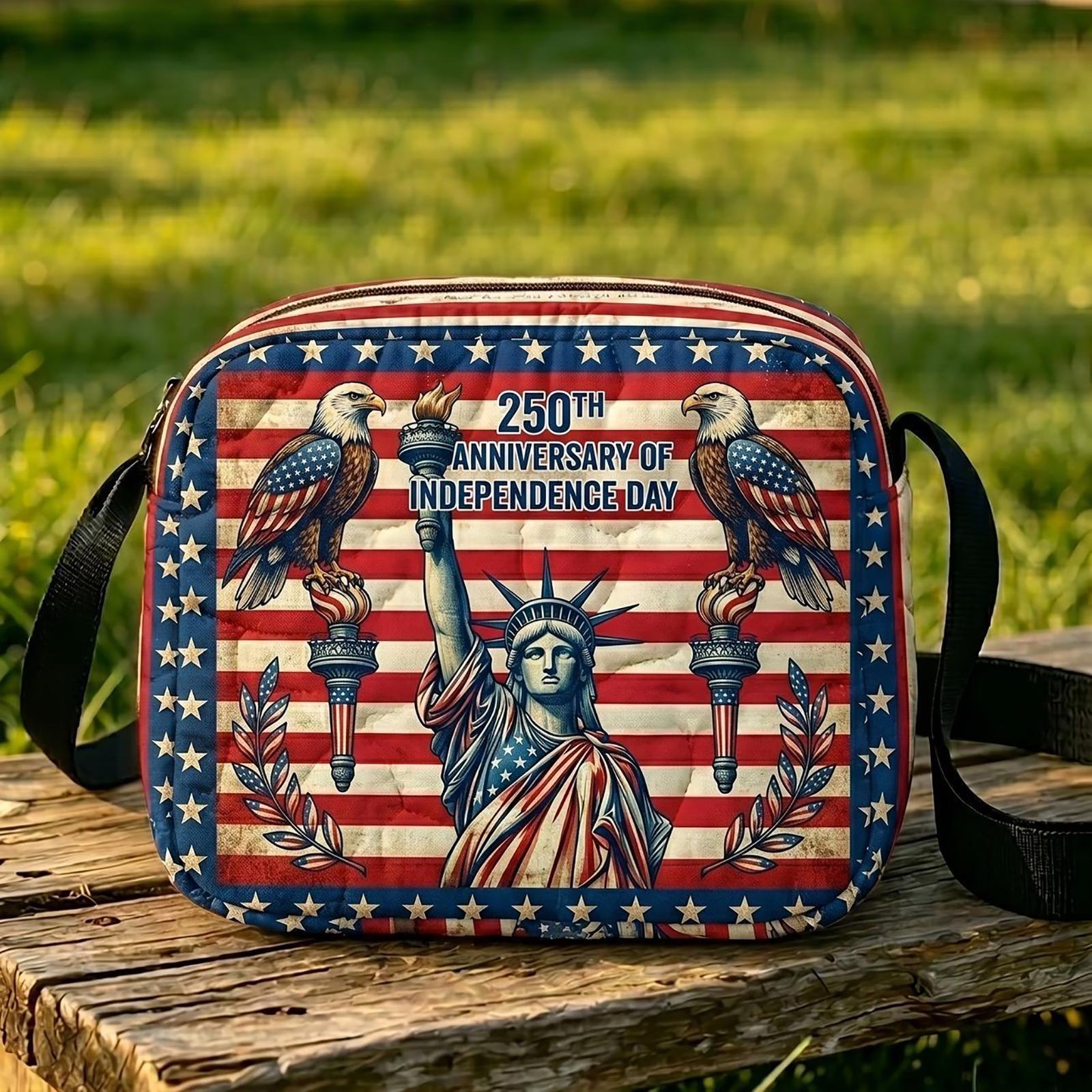 Quilted Crossbody Bag with Embroidered Eagle and Star Pattern Commemorating 250th Anniversary US Design Adjustable Strap Compact Size One Size