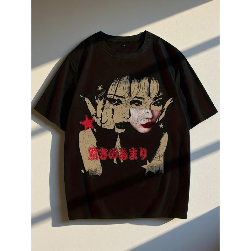 

Men s Fashion T-Shirt, Retro Japanese Grunge Anime Girl Black Casual Tee - Harajuku Style Cotton Short Sleeve 4XL чорний