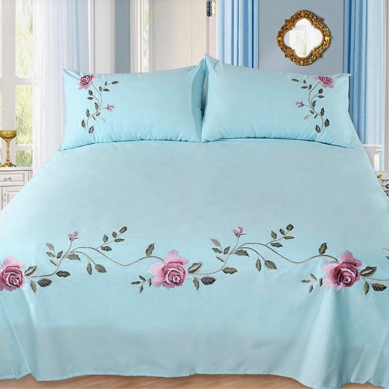 WOSTAR Rose Flora Embroidery Design Flat Bed Sheet Solid Colour Cotton Twill Linen Bedding Luxury Home Textiles Queen King Size