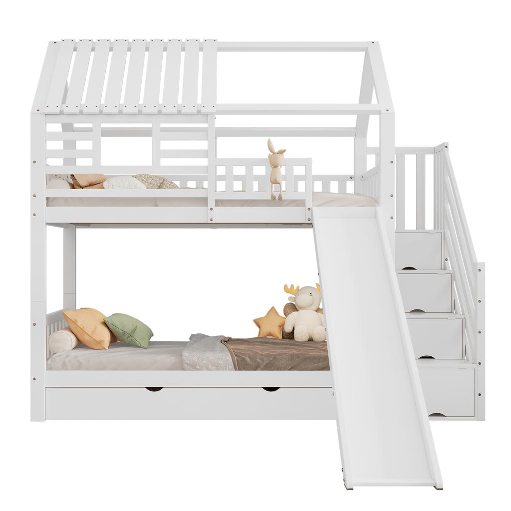 Bunk Bed with Storage Staircase and Slide, Pine Wood and MDF Frame, Bed with Window and Roof, Fall Protection Guard and Drawer, White, 90x200cm*2