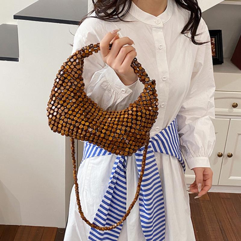 Holzperlen gewebte Knödeltasche Damen Sommer handgefertigt Umhängetasche lässige Strandtasche minimalistisches Design Reisehandtasche
