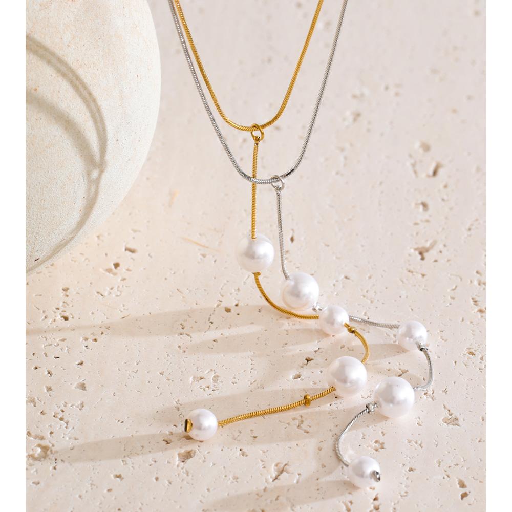 Yhpup Fashion Stainless Steel Simulated Pearls Chain Drop Necklace for Women Tarnish Resistant Chic Attractive Korean Jewelry